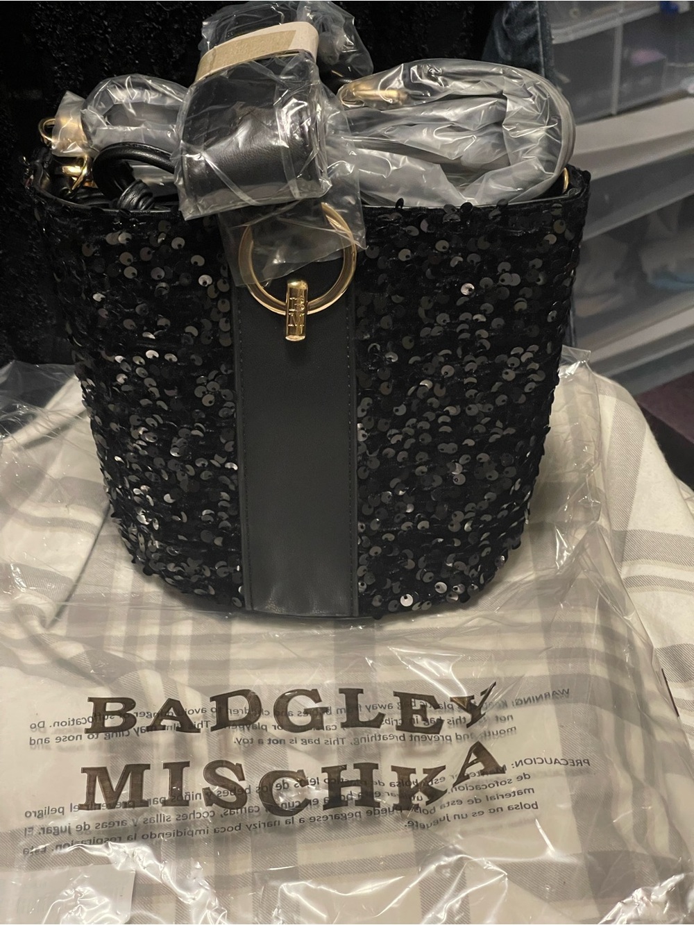 Badgley Mischka Black Sequin Mini Bucket Bag with Gold Ring